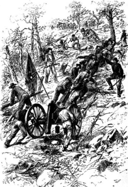 Confederate troops dragging guns up Kennesaw Mountain near Atlanta, Georgia